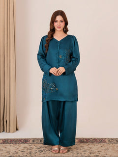 Peacock Whisper – Teal silk outfit with golden sequins and floral handwork