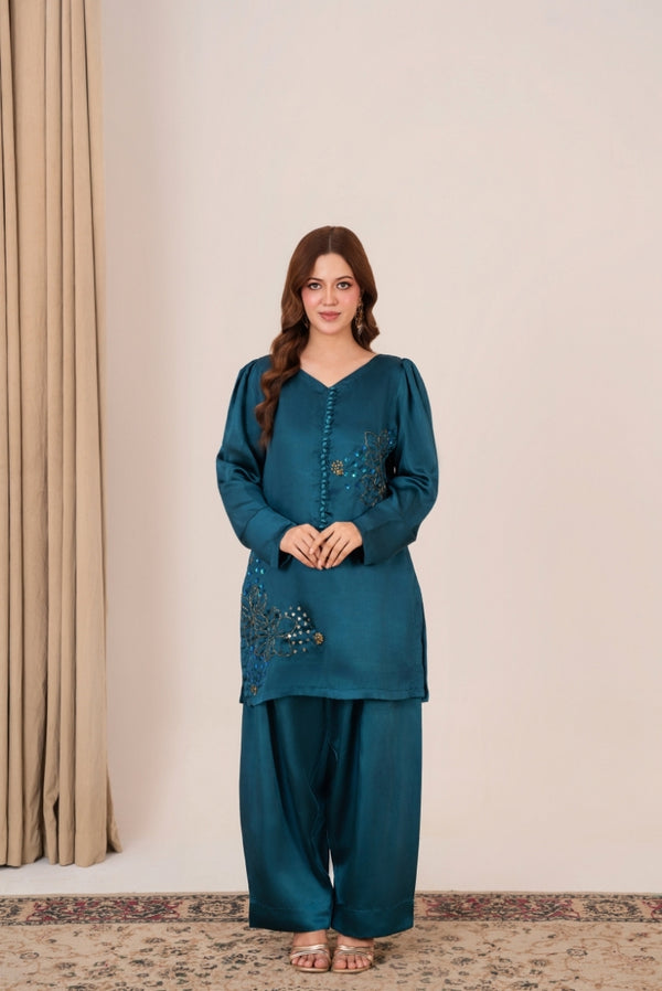 Peacock Whisper – Teal silk outfit with golden sequins and floral handwork