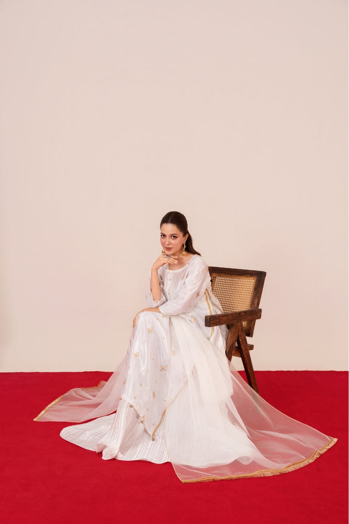 Starburst White Katan Silk Dress with Golden Tilla and Sequin Embroidery