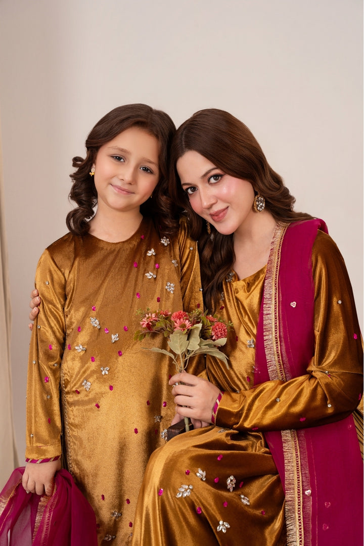 Golden Radiance premium kids dress – Korean velvet and silk ensemble