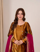 Golden Radiance Korean Velvet Dress with Magenta Organza Dupatta – Emeralds Festive Collection