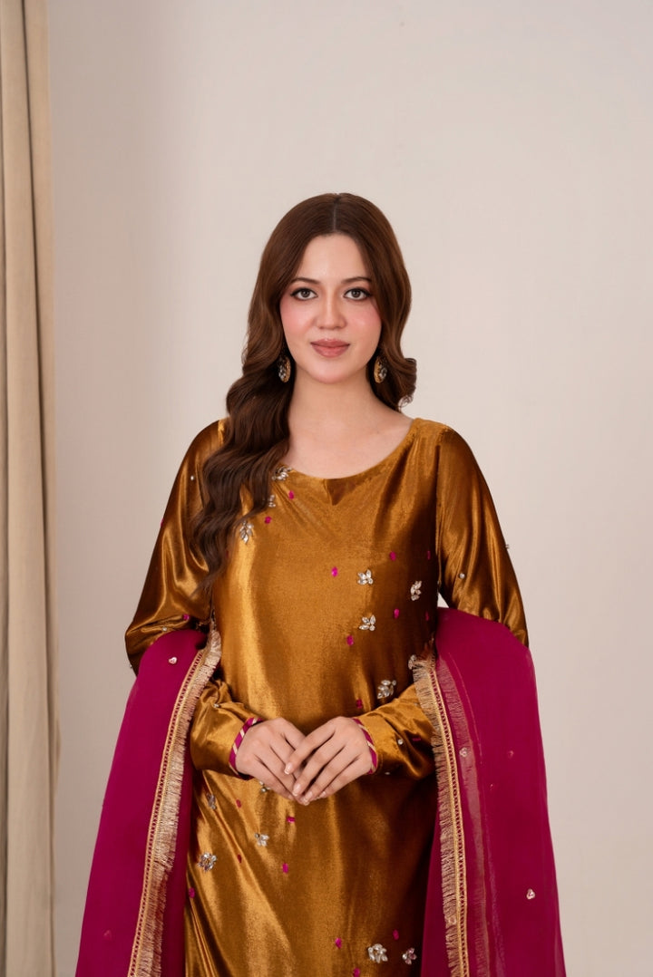Golden Radiance Korean Velvet Dress with Magenta Organza Dupatta – Emeralds Festive Collection