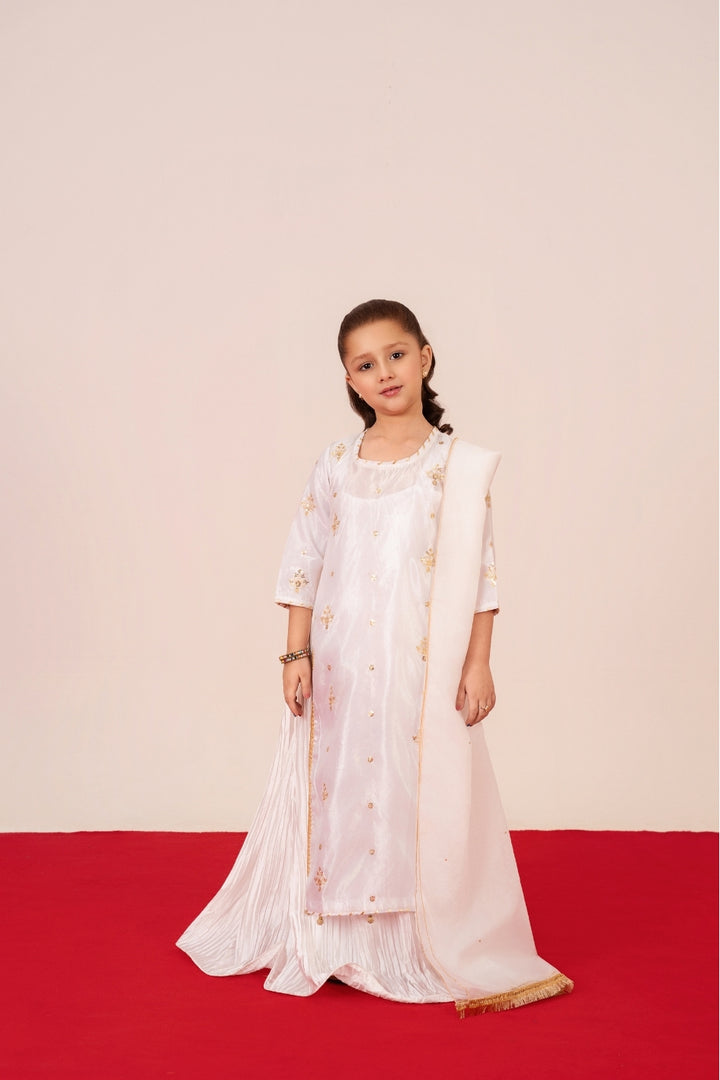 Mini Starburst White Silk Dress for Girls with Golden Tilla and Sequin Embroidery – Emeralds