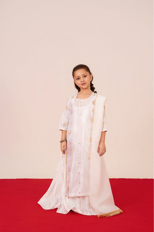 Mini Starburst White Silk Dress for Girls with Golden Tilla and Sequin Embroidery – Emeralds