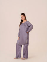 Lunar outfit featuring heather silk shirt and digital printed culottes
