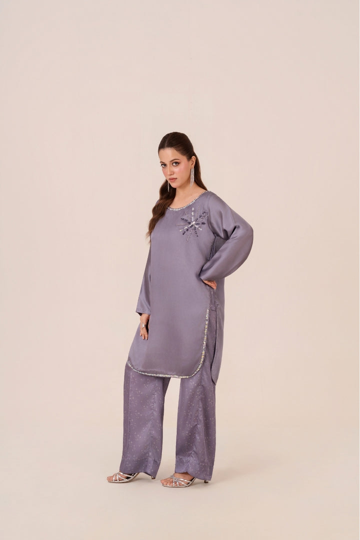 Lunar outfit featuring heather silk shirt and digital printed culottes