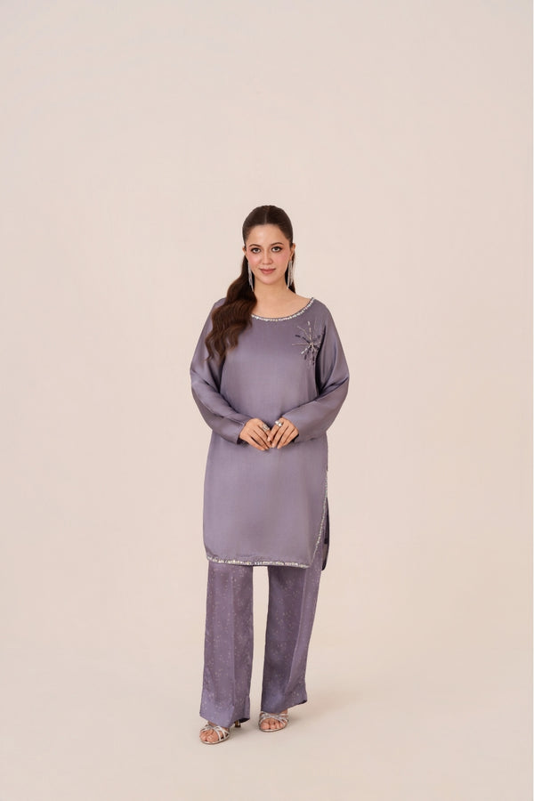 Heather charmeuse silk hand-embellished short shirt with sequins by Emeralds