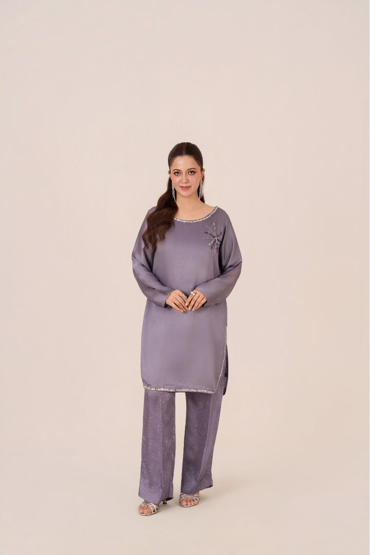 Heather charmeuse silk hand-embellished short shirt with sequins by Emeralds