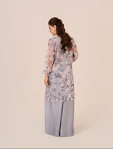 Model wearing Opal Drape – silver organza shirt with palazzo trousers, Emeralds festive collection
