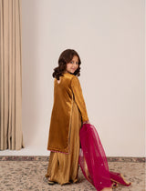 Mother and Daughter in Matching Golden Velvet Dresses – Emeralds Collection