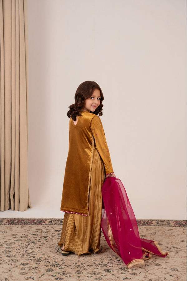 Mother and Daughter in Matching Golden Velvet Dresses – Emeralds Collection