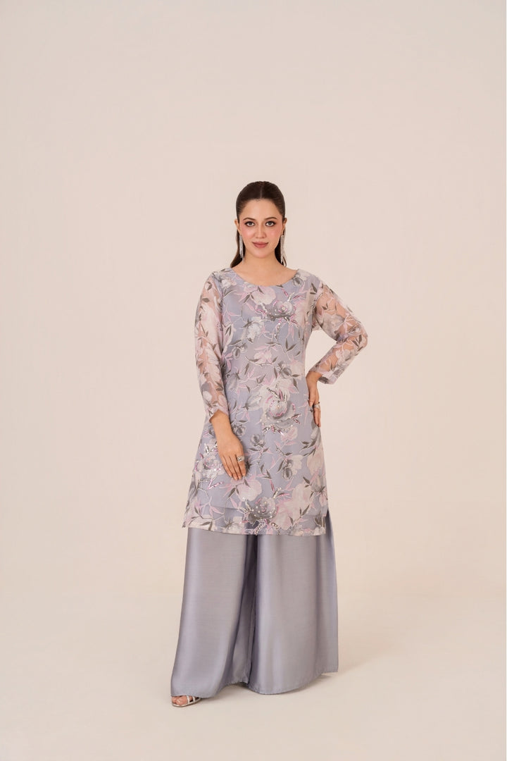 Silver and baby pink organza hand-embellished short shirt by Emeralds