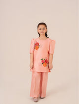 Peach raw silk kids outfit with hand-painted floral motifs and sequins – Emeralds