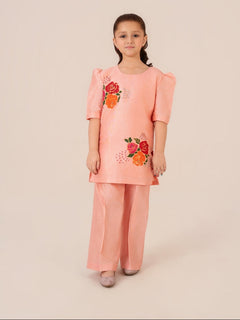 Peach raw silk kids outfit with hand-painted floral motifs and sequins – Emeralds