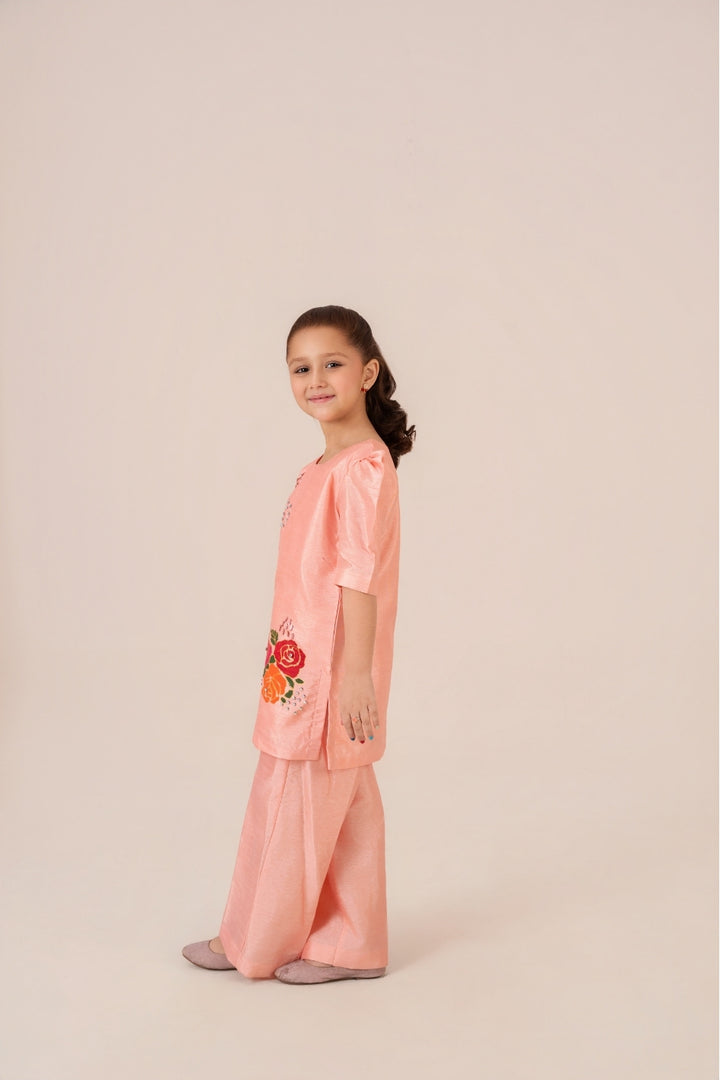 Peach Blossom kids festive dress in silk with diamante and moti dana work