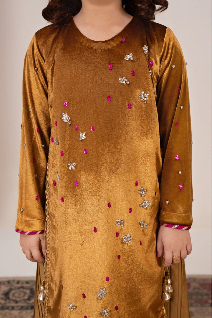 Golden Radiance Girl's Velvet Dress with Crushed Silk & Magenta Dupatta | Emeralds Mother Daughter Collection Golden Radiance Girl's Velvet Dress with Crushed Silk & Magenta Dupatta | Emeralds Mother Daughter Collection