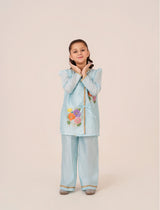 Floral Whimsy kids dress in sky blue raw silk with hand-painted floral artwork