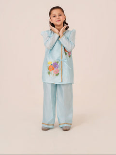 Floral Whimsy kids dress in sky blue raw silk with hand-painted floral artwork