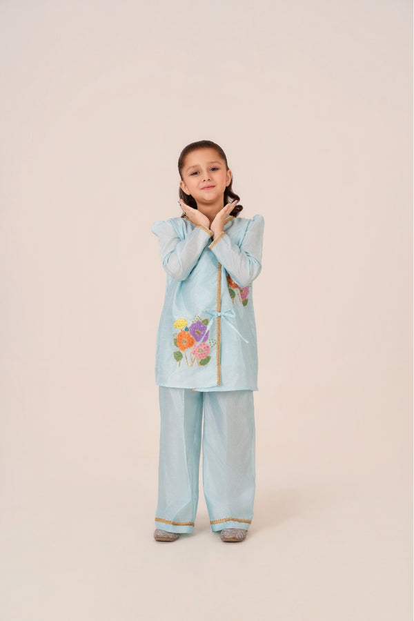 Floral Whimsy kids dress in sky blue raw silk with hand-painted floral artwork