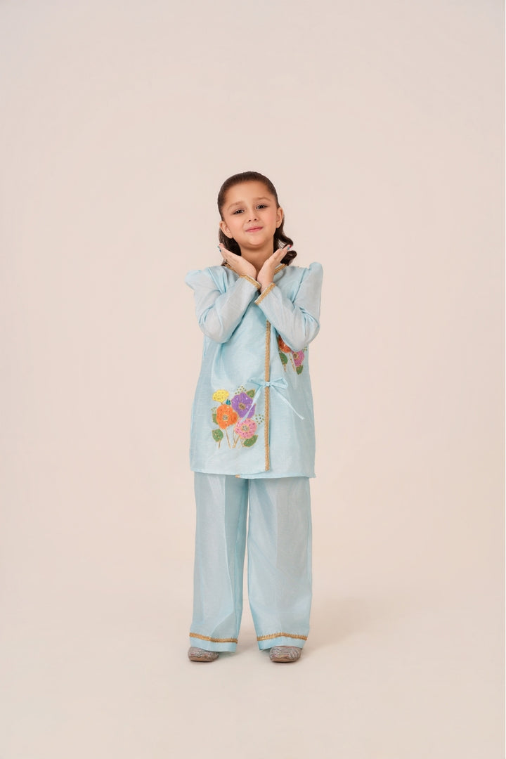 Floral Whimsy kids dress in sky blue raw silk with hand-painted floral artwork