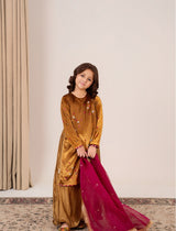 Golden Radiance Girl’s Velvet Dress with Magenta Organza Dupatta – Emeralds Matching Collection