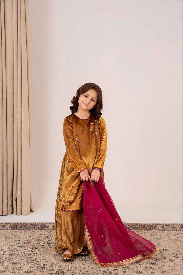Golden Radiance Girl’s Velvet Dress with Magenta Organza Dupatta – Emeralds Matching Collection