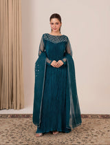 Jewel of Alara pleated silk maxi for women in zinc with hand adda diamanté work and silver sequin organza dupatta.