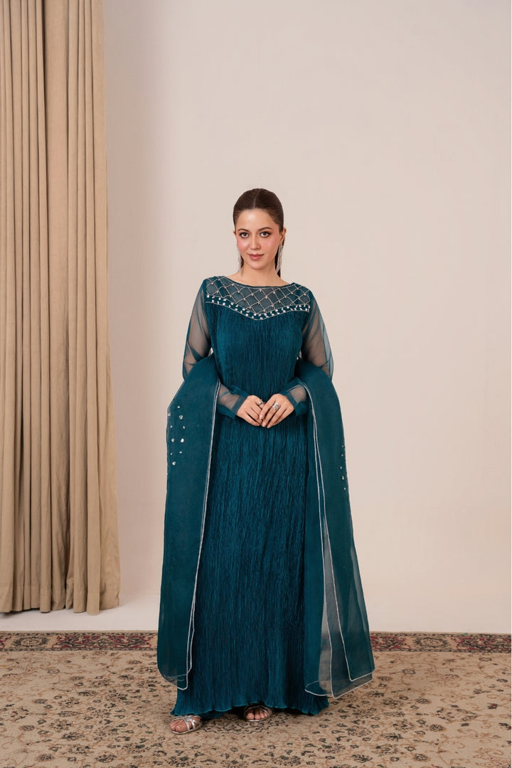 Jewel of Alara pleated silk maxi for women in zinc with hand adda diamanté work and silver sequin organza dupatta.