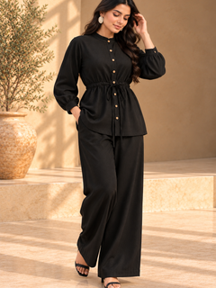 ONYX black two-piece Khaddi outfit with gathered sleeves and adjustable shirt waist