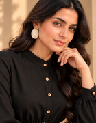 ONYX black Khaddi shirt close-up highlighting textured fabric, band collar and coconut buttons