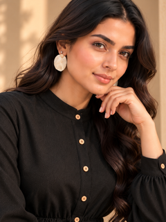 ONYX black Khaddi shirt close-up highlighting textured fabric, band collar and coconut buttons