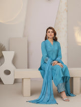Model wearing Emeralds “Dream Catcher” — an aqua blue embroidered raw silk 3-piece set with silver detailing and Silk dupatta.