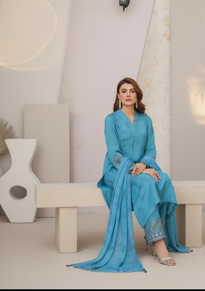 Model wearing Emeralds “Dream Catcher” — an aqua blue embroidered raw silk 3-piece set with silver detailing and Silk dupatta.