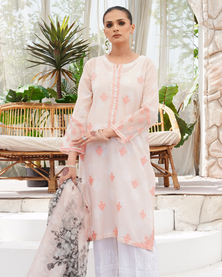 Champagne Peach- 3 Pc Embroidered Suit