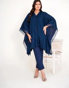 "Model in navy blue chikankari embroidered lawn kaftan set with lace placket and cotton bell bottom pants by Emeralds"