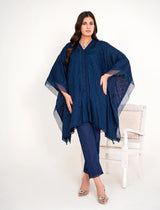"Model in navy blue chikankari embroidered lawn kaftan set with lace placket and cotton bell bottom pants by Emeralds"