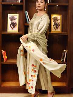 Model wearing stitched pistachio green pure silk outfit with hand-painted full-length shirt and embellished silk dupatta – front, side, and detail views.”
