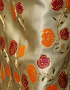 Model wearing stitched pistachio green pure silk outfit with hand-painted full-length shirt and embellished silk dupatta – front, side, and detail views.”
