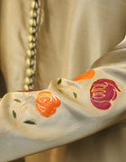 Model wearing stitched pistachio green pure silk outfit with hand-painted full-length shirt and embellished silk dupatta – front, side, and detail views.”