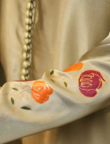 Model wearing stitched pistachio green pure silk outfit with hand-painted full-length shirt and embellished silk dupatta – front, side, and detail views.”