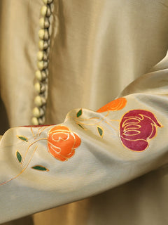 Model wearing stitched pistachio green pure silk outfit with hand-painted full-length shirt and embellished silk dupatta – front, side, and detail views.”