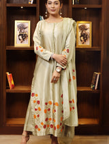 Model wearing stitched pistachio green pure silk outfit with hand-painted full-length shirt and embellished silk dupatta – front, side, and detail views.”