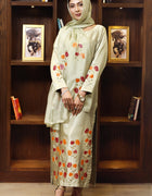 Model wearing stitched pistachio green pure silk outfit with hand-painted full-length shirt and embellished silk dupatta – front, side, and detail views.”