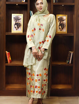 Model wearing stitched pistachio green pure silk outfit with hand-painted full-length shirt and embellished silk dupatta – front, side, and detail views.”