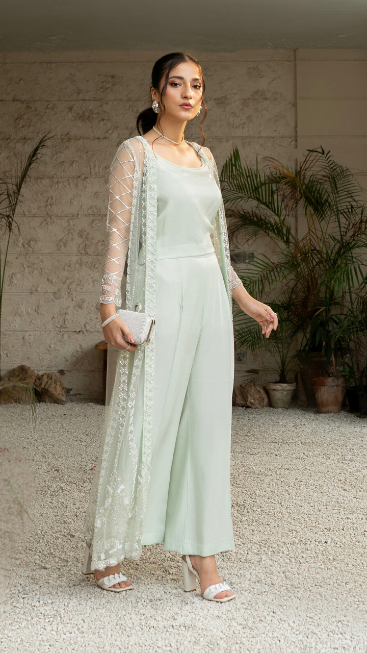 "Emeralds 3PC Mint Embellished Net Gown with Silk Camisole and Trousers – Wedding/Formal Wear"