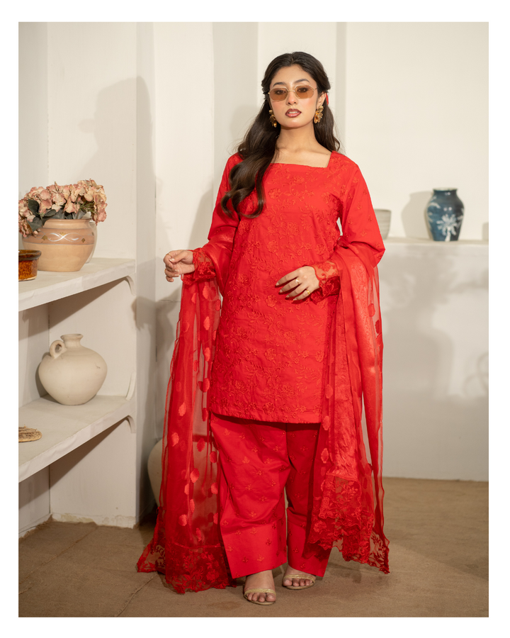 Red Swiss lawn Eid outfit with floral resham embroidery and brochsia organza dupatta – EmeraldsPK
